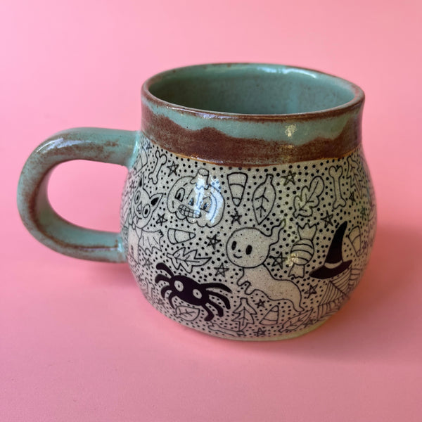 Ceramic Wheel Thrown Halloween Doodle Mug 11oz