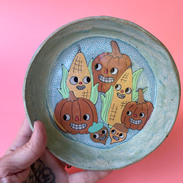 Ceramic Hand Built Fall Food Friends Dish