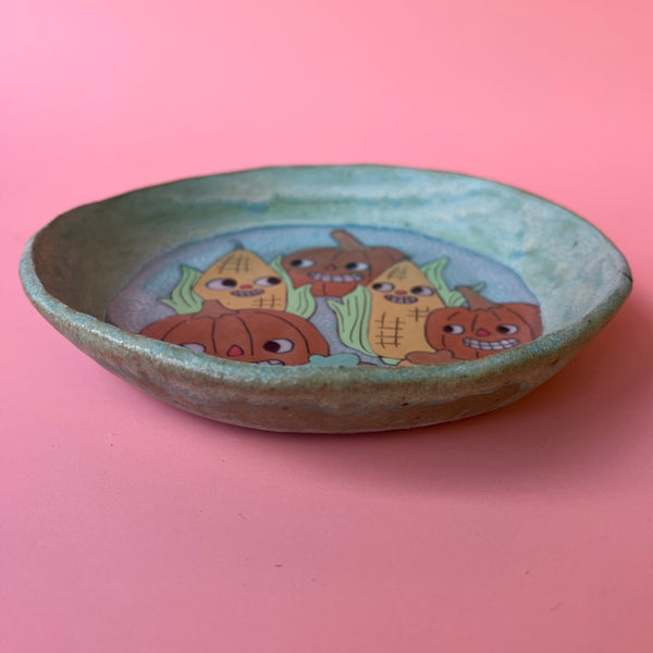 Ceramic Hand Built Fall Food Friends Dish