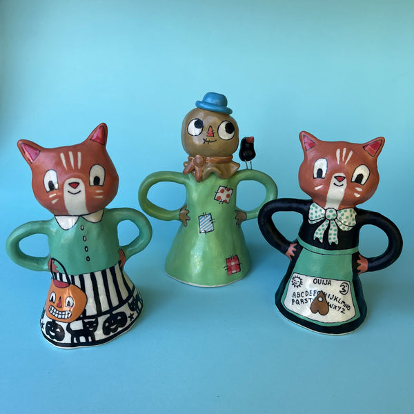 Ceramic Hand Built Large Cat Or Scarecrow Bell