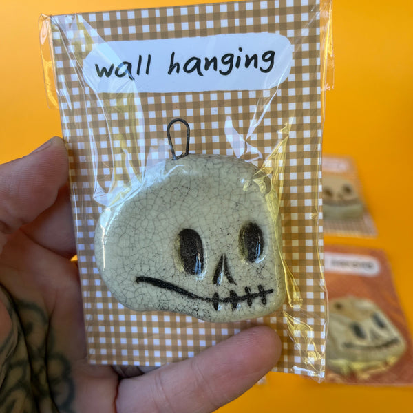 Ceramic Hand Built Crackle Skull Wall Hanging / Oranament