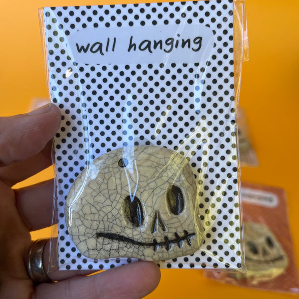 Ceramic Hand Built Crackle Skull Wall Hanging / Oranament