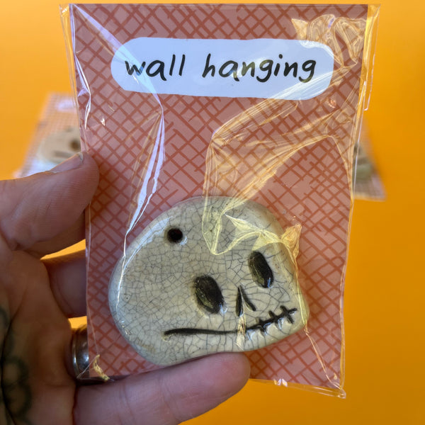 Ceramic Hand Built Crackle Skull Wall Hanging / Oranament