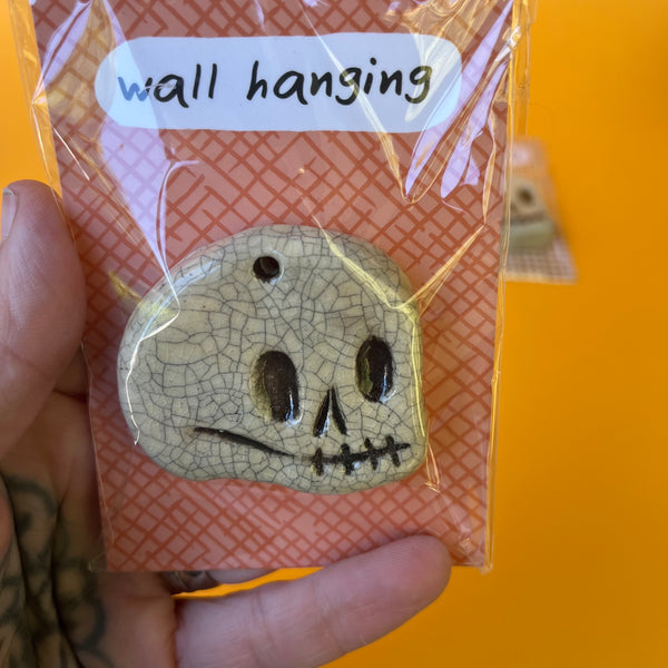 Ceramic Hand Built Crackle Skull Wall Hanging / Oranament