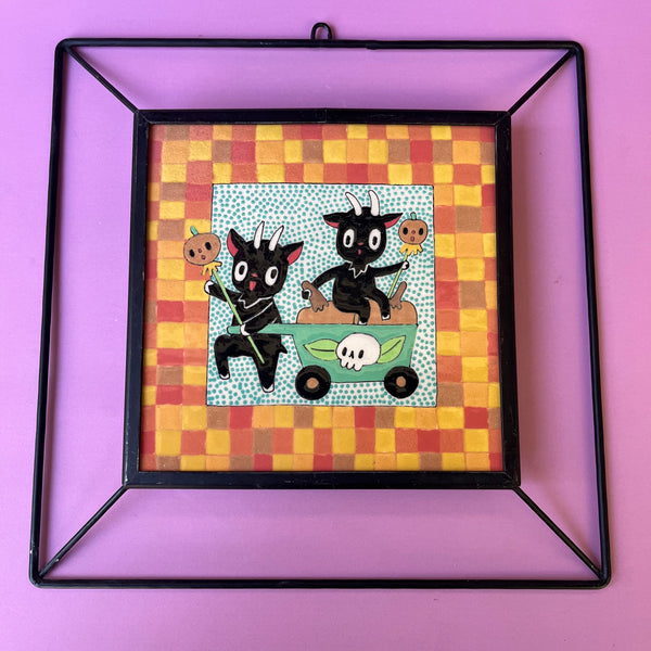 Ceramic Hand Built Halloween Goats Wall Hanging (tile is 6")