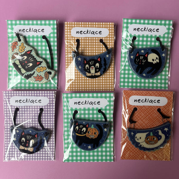 Ceramic Hand Built Halloween Necklace Cats Ghost