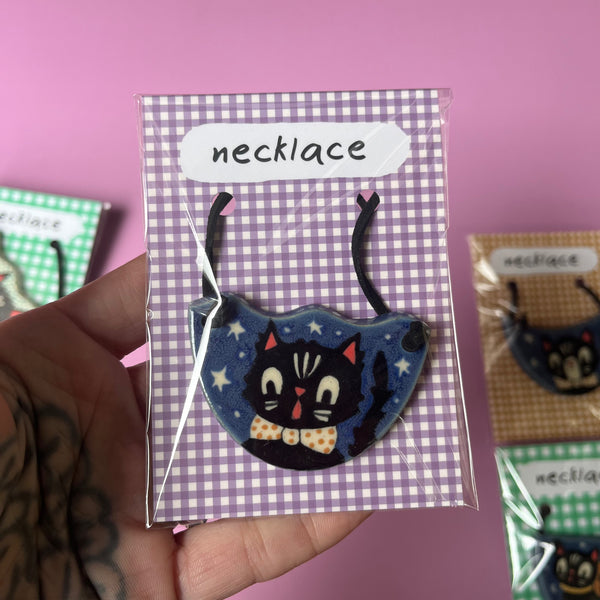 Ceramic Hand Built Halloween Necklace Cats Ghost