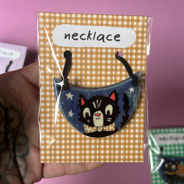 Ceramic Hand Built Halloween Necklace Cats Ghost