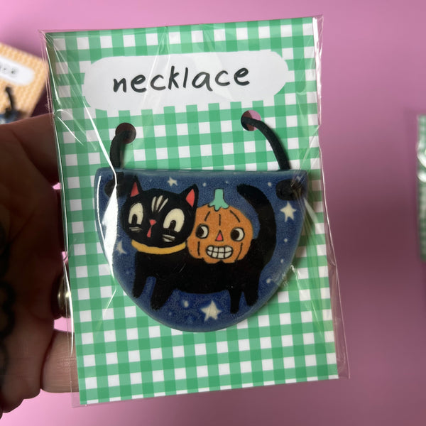 Ceramic Hand Built Halloween Necklace Cats Ghost