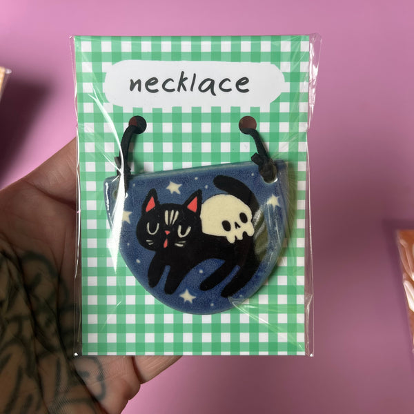 Ceramic Hand Built Halloween Necklace Cats Ghost