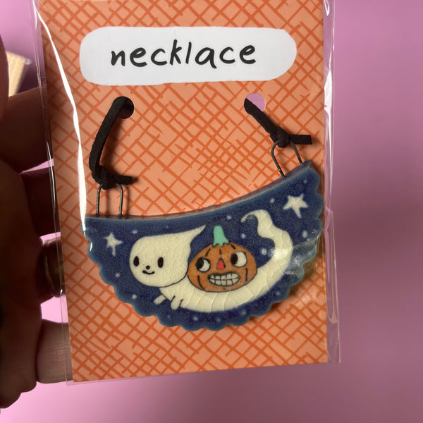 Ceramic Hand Built Halloween Necklace Cats Ghost