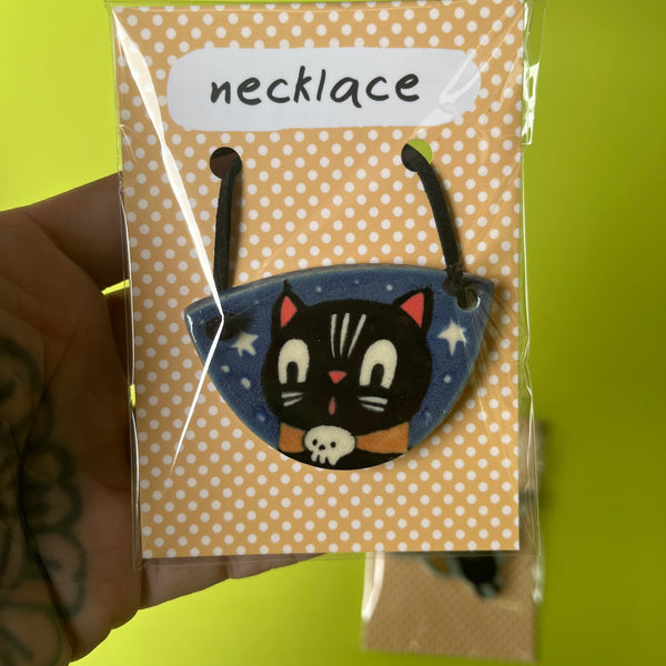 Ceramic Hand Built Halloween Necklace Cats Goat