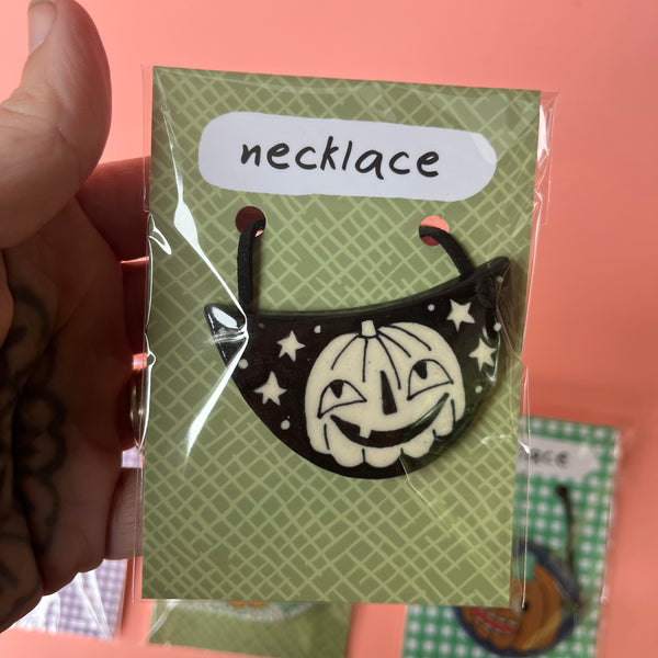 Ceramic Hand Built Halloween Necklace Pumpkins Acorn