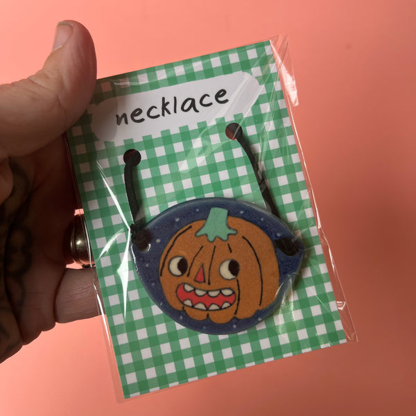 Ceramic Hand Built Halloween Necklace Pumpkins Acorn