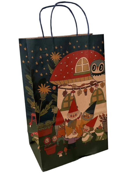 Gift bag with a colorful design of a mushroom house and characters on a dark background