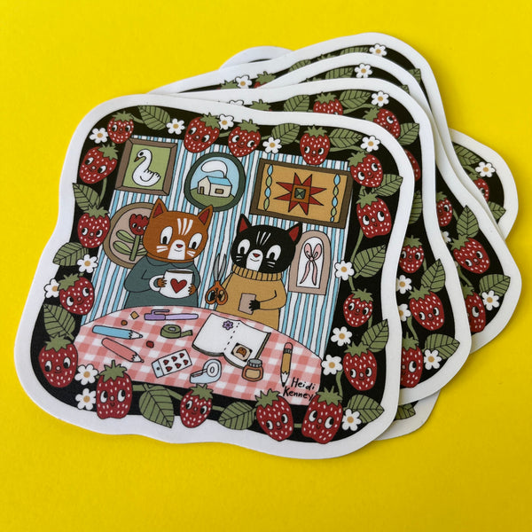 Stack of stickers cartoon cats and strawberry pattern on a yellow background