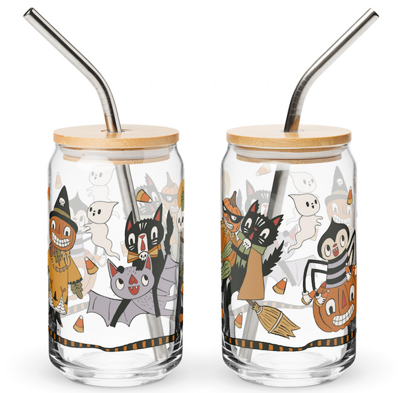 Halloween Friends Glass Tumbler With Lid + Straw