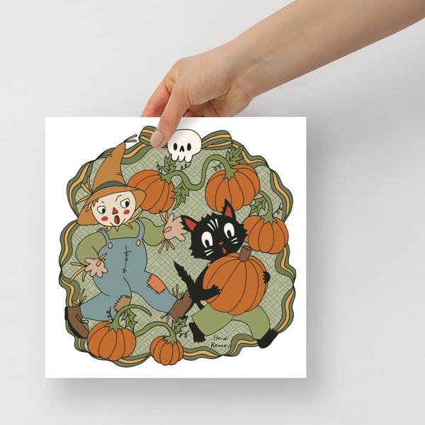 Illustration of a scarecrow and black cat with pumpkins on a white background