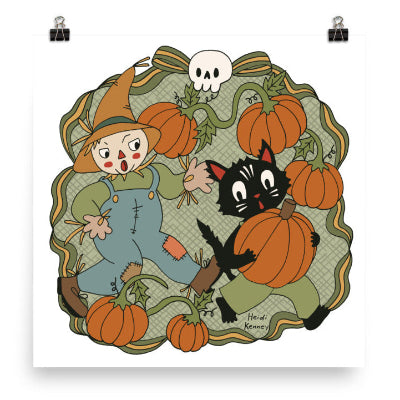 An illustration of a vintage style scarecrow and black cat with pumpkins