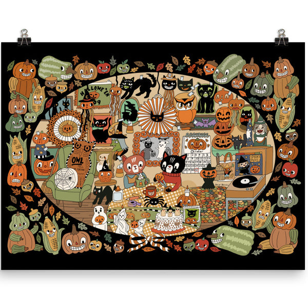 A black background art print featuring a dense Halloween-themed illustration with cartoon cats, pumpkins, ghosts, corn, and autumn motifs, shown hanging from two black clips against a light gray background.