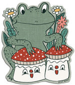 Illustration of a frog sitting on two smiling mushrooms with flowers in the background