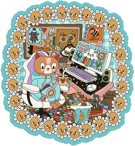 Illustration of a character sitting at a desk with a computer, surrounded by flowers and various items.