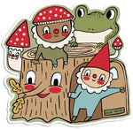Cartoon illustration of gnomes and a frog on a tree stump with mushrooms.
