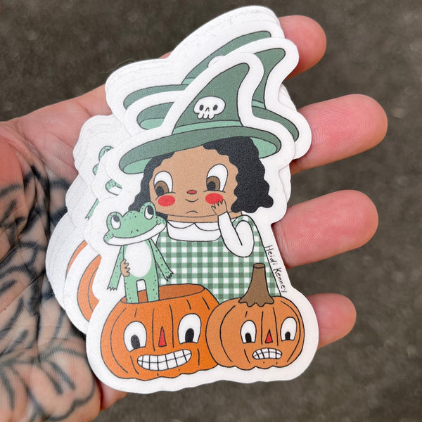 Halloween Garden Witch Frog Sticker 3"