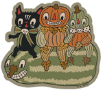 Halloween-themed illustration with a black cat, jack-o'-lantern, and ghost on a striped gourd.