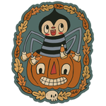 Cartoon spider on a pumpkin with leaf border