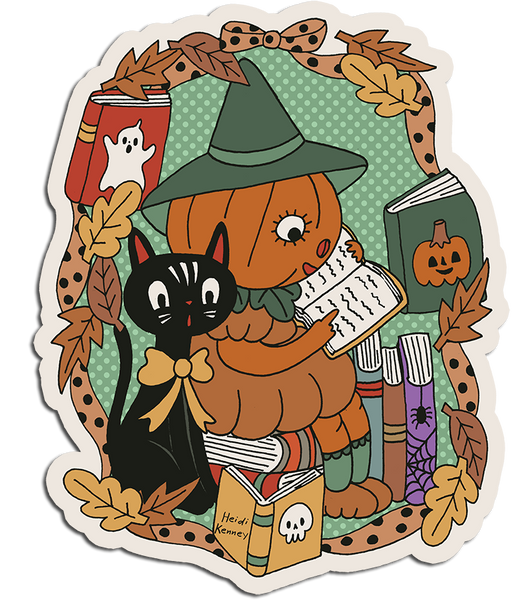 A die-cut sticker featuring a cozy Halloween illustration with a pumpkin character wearing a witch hat, a black cat, books, autumn leaves, and a polka-dotted green background.