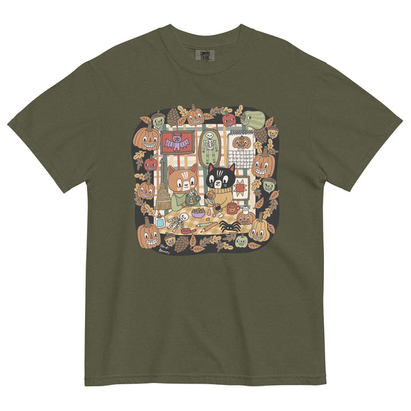 Green t-shirt with a colorful graphic design on a white background
