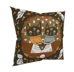 A square pillow case with an illustration of two cats wearing sweaters, surrounded by mushrooms and Halloween-themed decorations on a dark background.