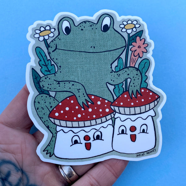 Frog With Mushrooms Sticker 4" tall