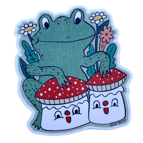Frog With Mushrooms Sticker 4" tall
