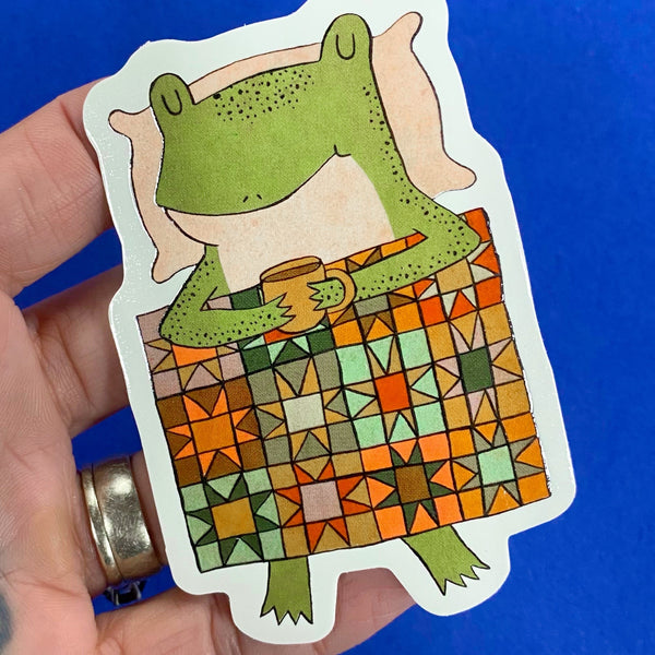 Cozy Quilt Frog Silkscreened Sticker 3.5"