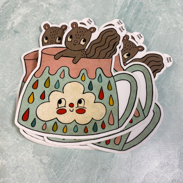 Squirrel In Rainbow Cloud Mug Sticker 4"