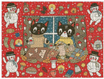 A 1000 piece jigsaw puzzle featuring a colorful winter scene with cats, snowflakes, and holiday decorations.